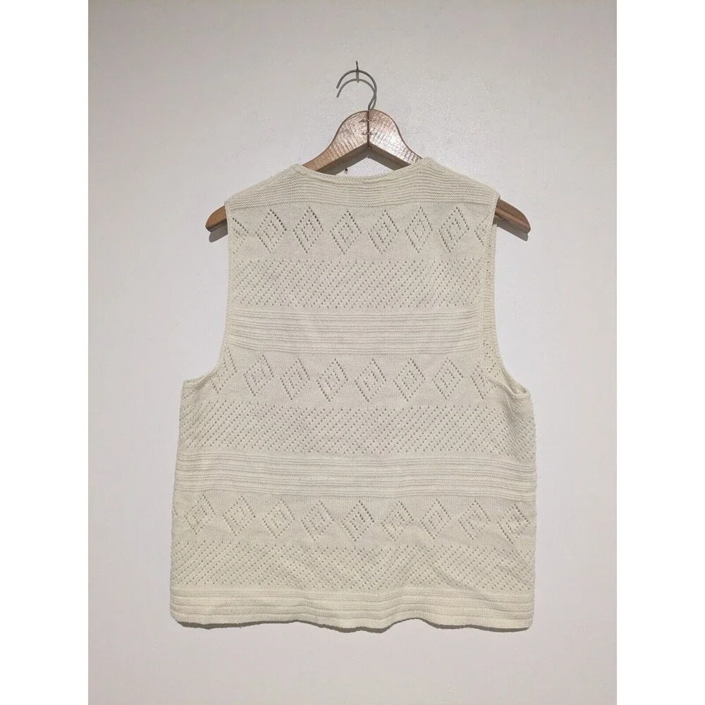 Vintage Cuddle Knit Sweater Vest Cream Pointelle Acrylic Boho S/M